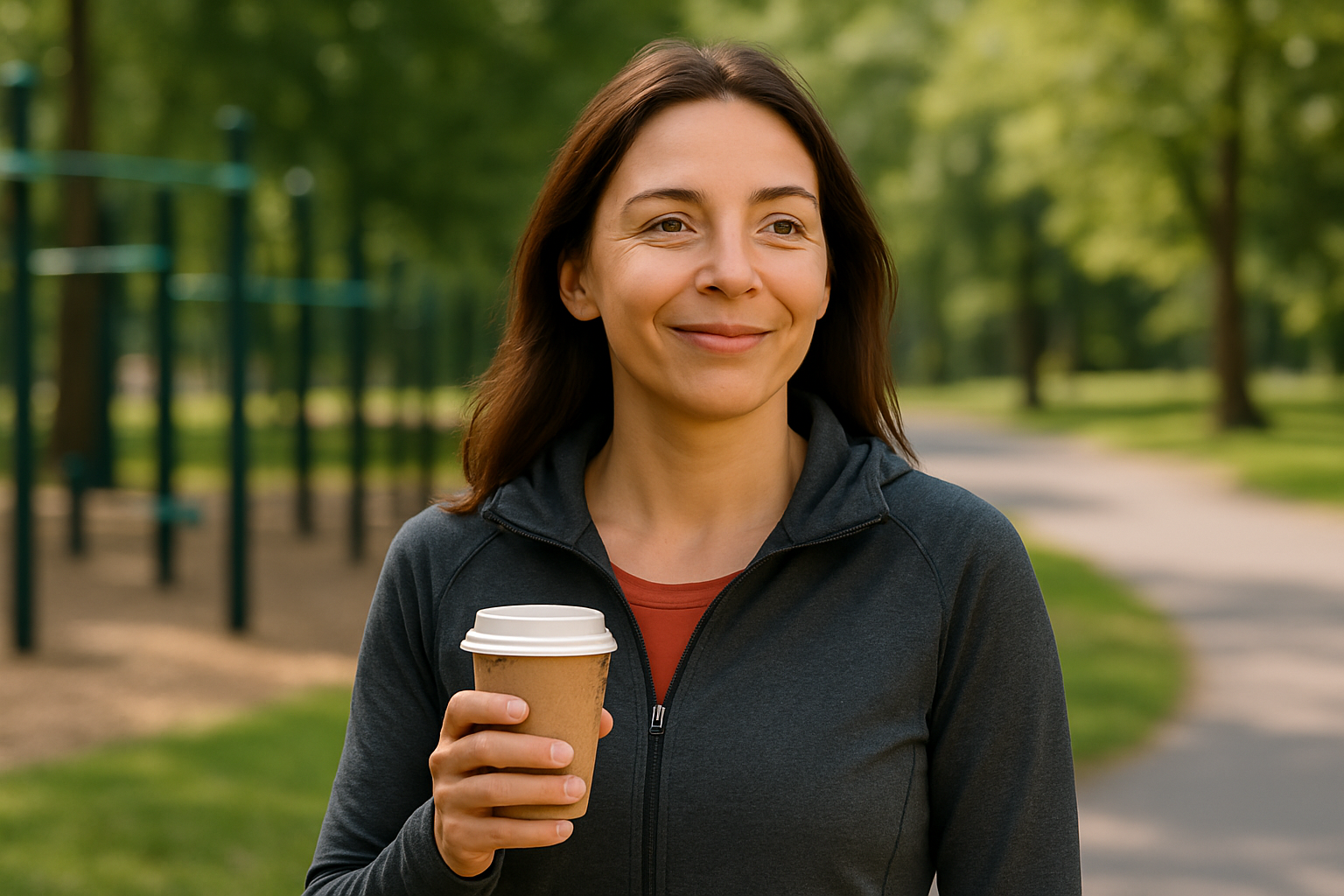 Woman with coffee cup in city